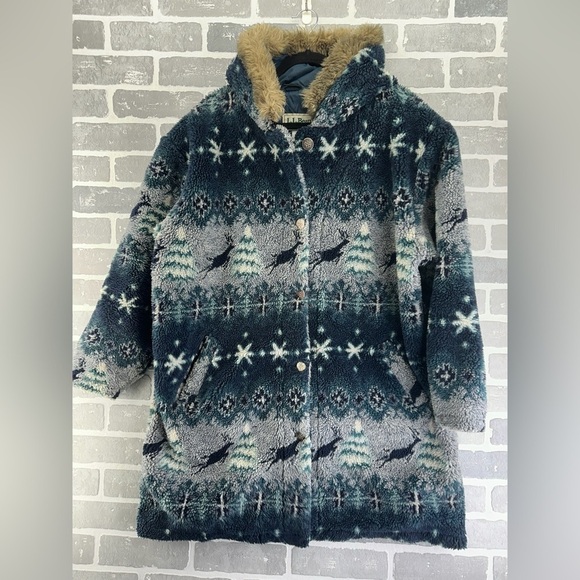 VTG LL Bean Men’s Pile Fleece Hooded Parka Reindeer Fair Isle USA Size L/XL - Picture 1 of 6